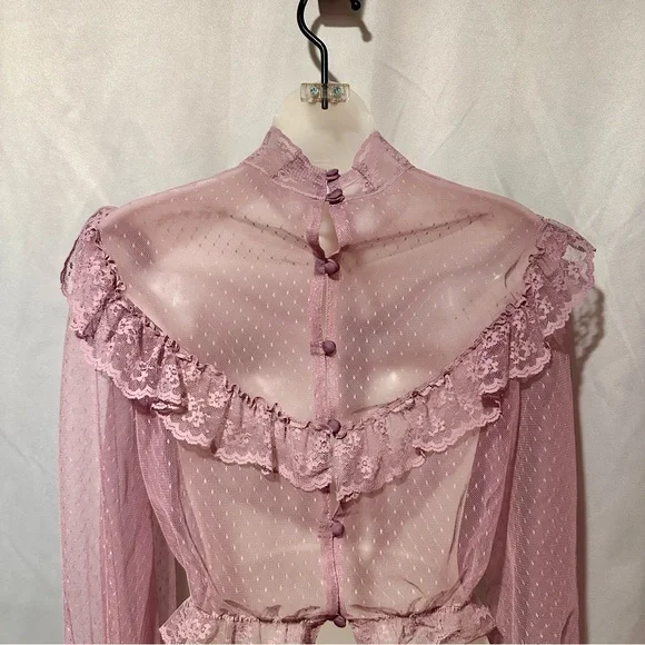 Vintage Victorian Edwardian Style Sheer Lavender Purple Lace Ruffle Blouse Size - Picture 7 of 9